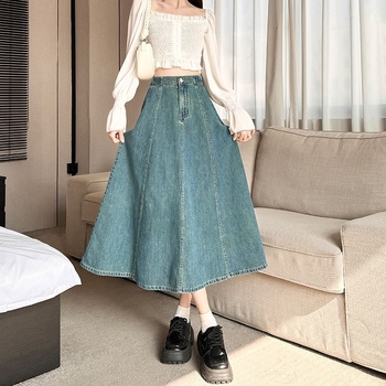 Sukňa z džínov v A-linii, vysoký pás, stredná dĺžka, drapovaná a stredne plisovaná, materiál: denim/bavlna