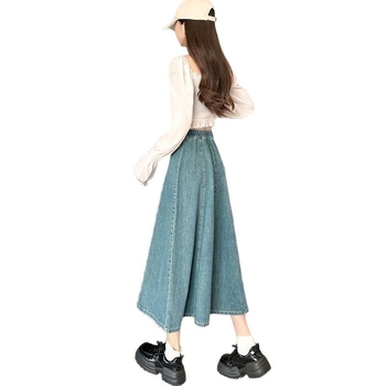 Sukňa z džínov v A-linii, vysoký pás, stredná dĺžka, drapovaná a stredne plisovaná, materiál: denim/bavlna