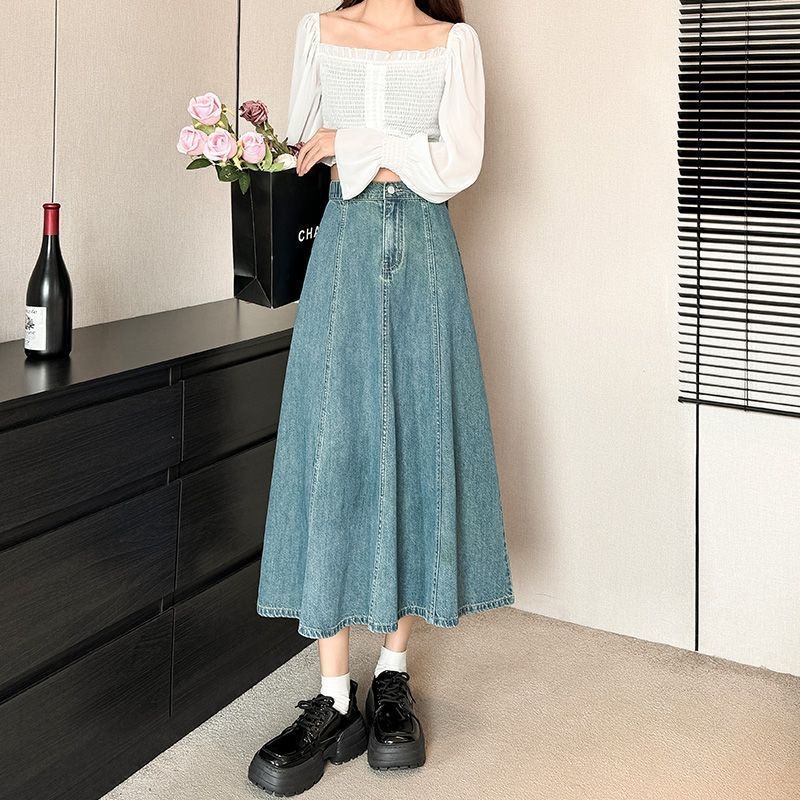 Sukňa z džínov v A-linii, vysoký pás, stredná dĺžka, drapovaná a stredne plisovaná, materiál: denim/bavlna