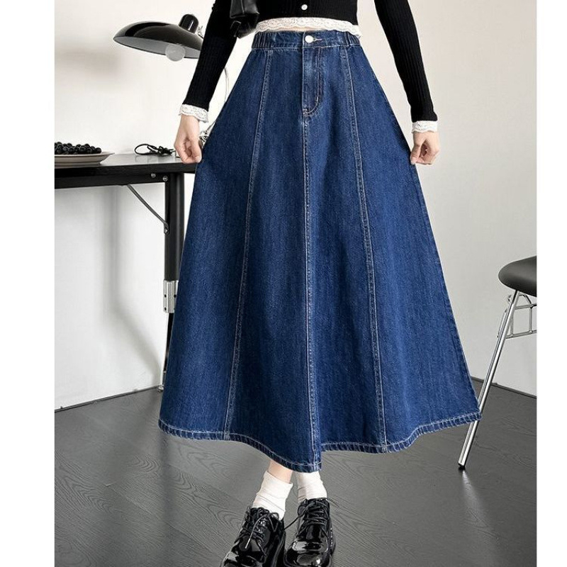 Sukňa z džínov v A-linii, vysoký pás, stredná dĺžka, drapovaná a stredne plisovaná, materiál: denim/bavlna