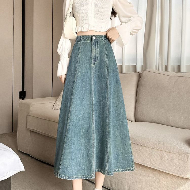 Sukňa z džínov v A-linii, vysoký pás, stredná dĺžka, drapovaná a stredne plisovaná, materiál: denim/bavlna