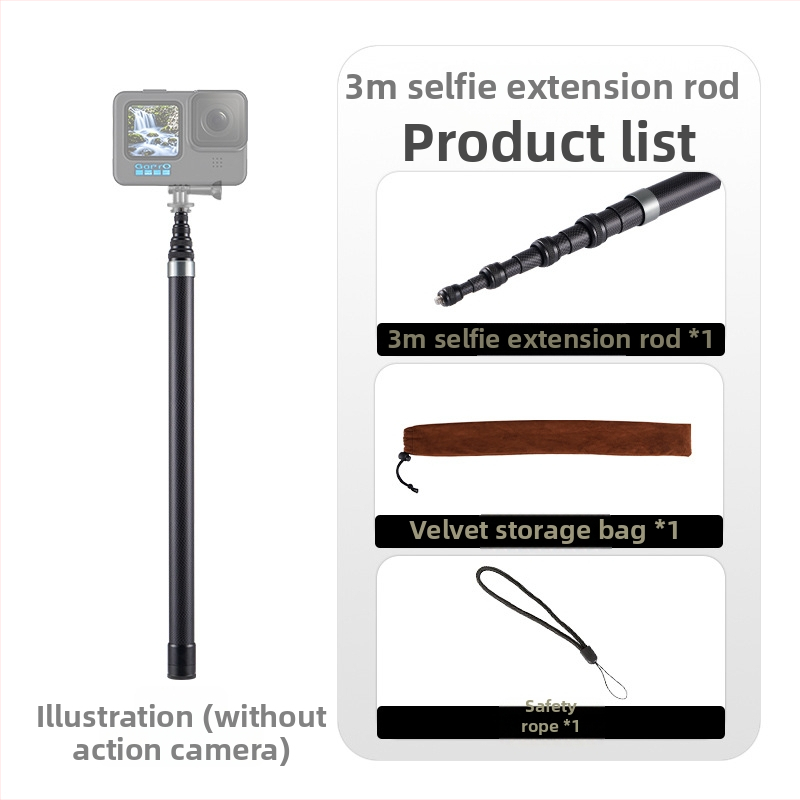 Anglies pluošto selfi lazda sporto kameroms, maksimali apkrova 2-5 kg, svoris 255 g, tinkama selfi fotografavimui