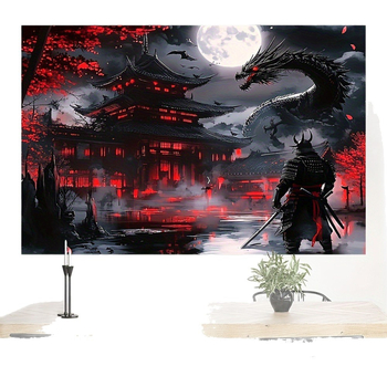 Stenový gobelín Samuraj a Drak v japonskom štýle, dizajn pagody s čerešňovými kvetmi, stredoveká fantasy (polyester; hlavný obsah tkaniva 71–80%; akryl 30%; obdĺžnik; digitálny termotransfer)