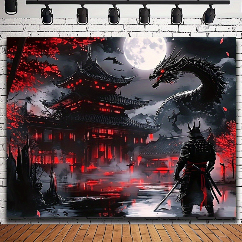 Stenový gobelín Samuraj a Drak v japonskom štýle, dizajn pagody s čerešňovými kvetmi, stredoveká fantasy (polyester; hlavný obsah tkaniva 71–80%; akryl 30%; obdĺžnik; digitálny termotransfer)
