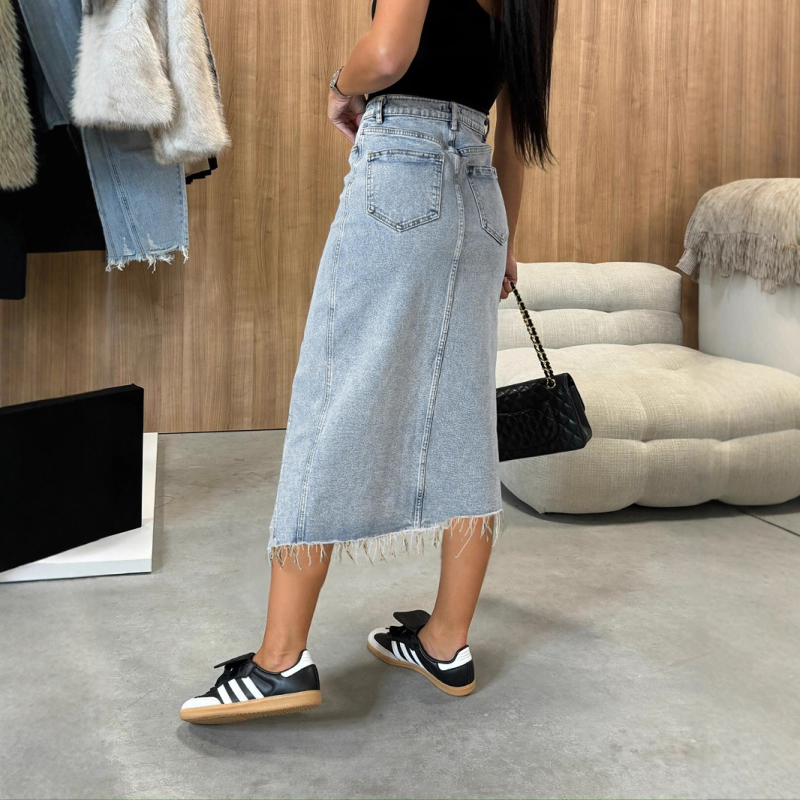Denim midi suknja A-linije s gumbima i prorezom (80-90% pamuk, Spandex <30%, Visoka elastičnost)