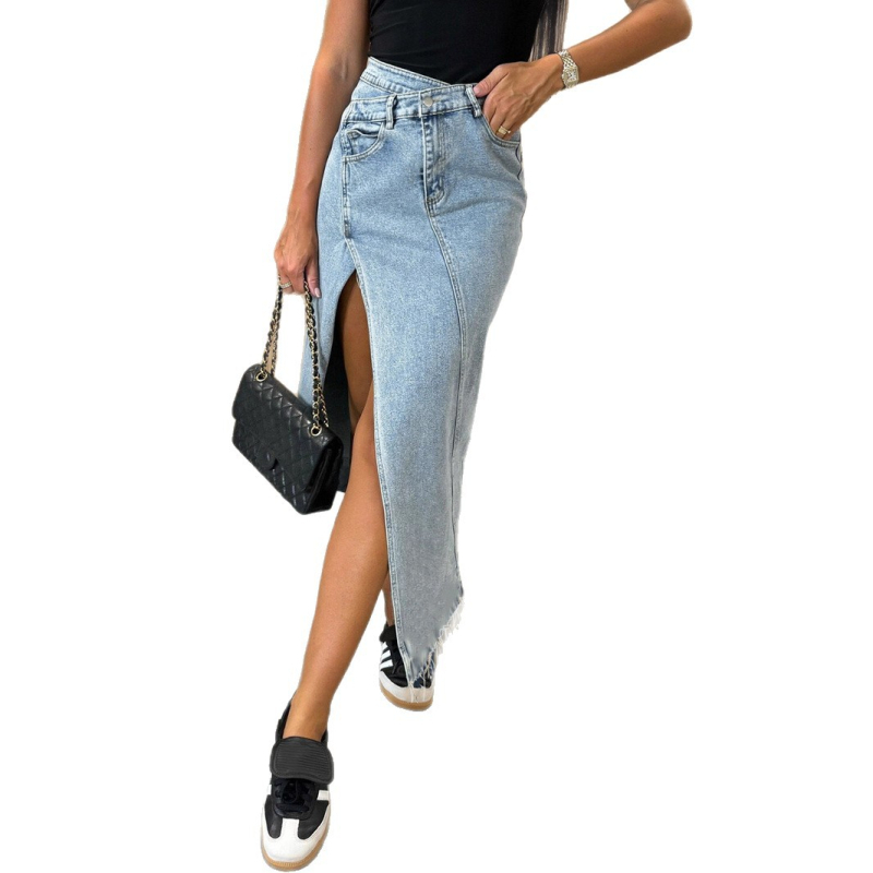 Denim midi suknja A-linije s gumbima i prorezom (80-90% pamuk, Spandex <30%, Visoka elastičnost)