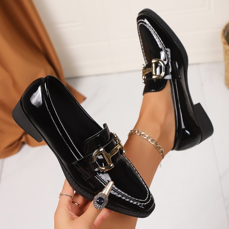 Loaferi pentru femei – stil britanic, PU partea superioară, vârf pătrat, toc gros mediu, slip-on, în stoc