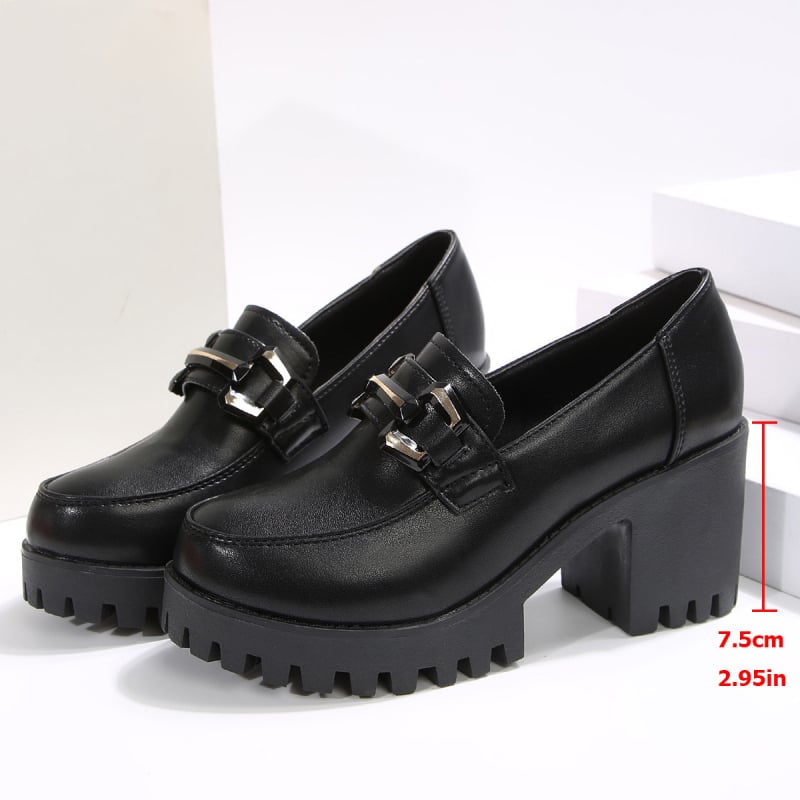Női loafer cipő 6-8 cm vastag sarkú, kerek orr, PU felsőrész, gumi talp, slip-on