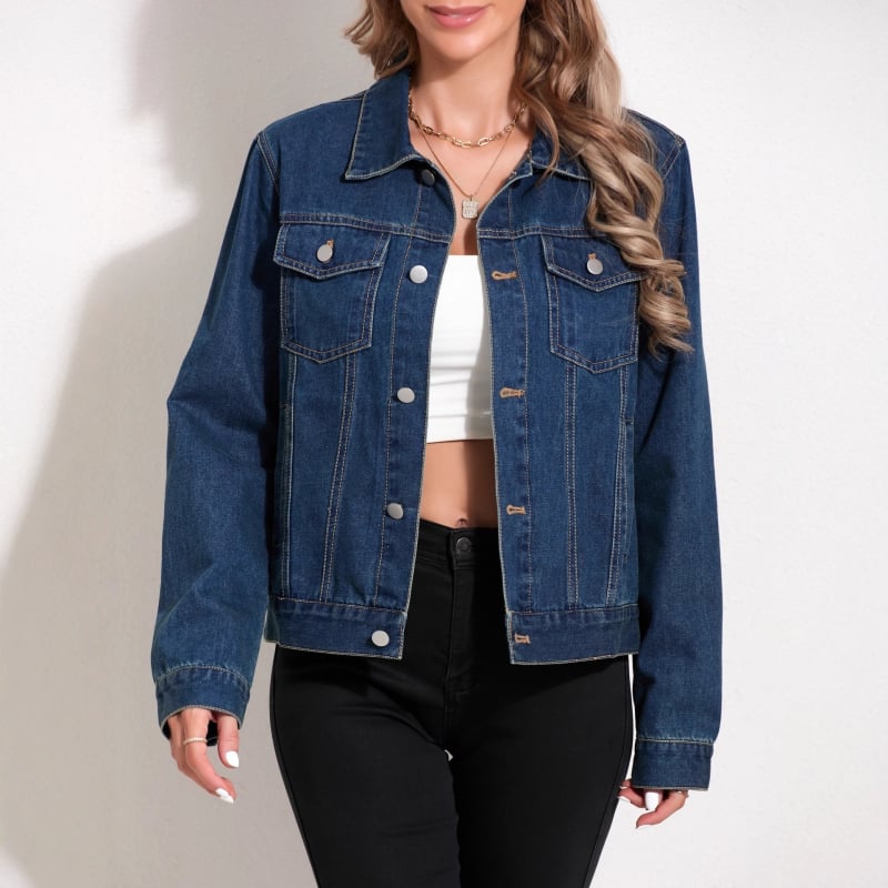 Дънково яке с копчета отпред и джоб с капак, поло яка, свободен силует, памук 80–90%