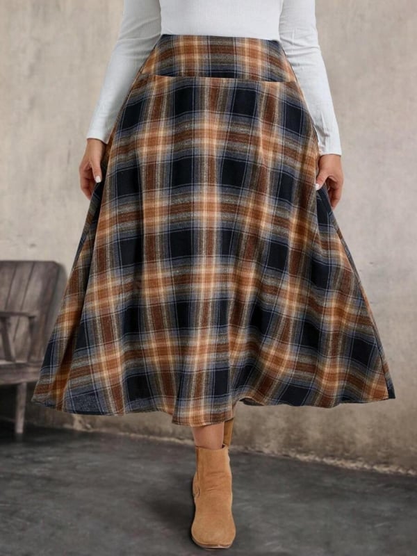 Ilgas flanelės sijonas su tinklelio raštu, A linijos siluetas, be raukšlių, poliesteris ≥95% + spandeks ≤30%