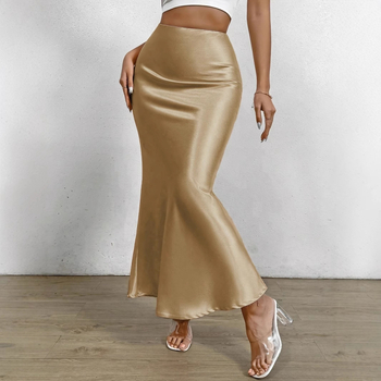 Ilga fishtail sijonas vienos spalvos su smocking, poliester 90–95% ir spandeks, mikroelastinis, elegantiškas stilius, pavasaris 2025