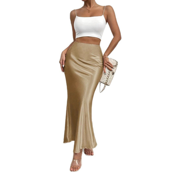 Ilga fishtail sijonas vienos spalvos su smocking, poliester 90–95% ir spandeks, mikroelastinis, elegantiškas stilius, pavasaris 2025