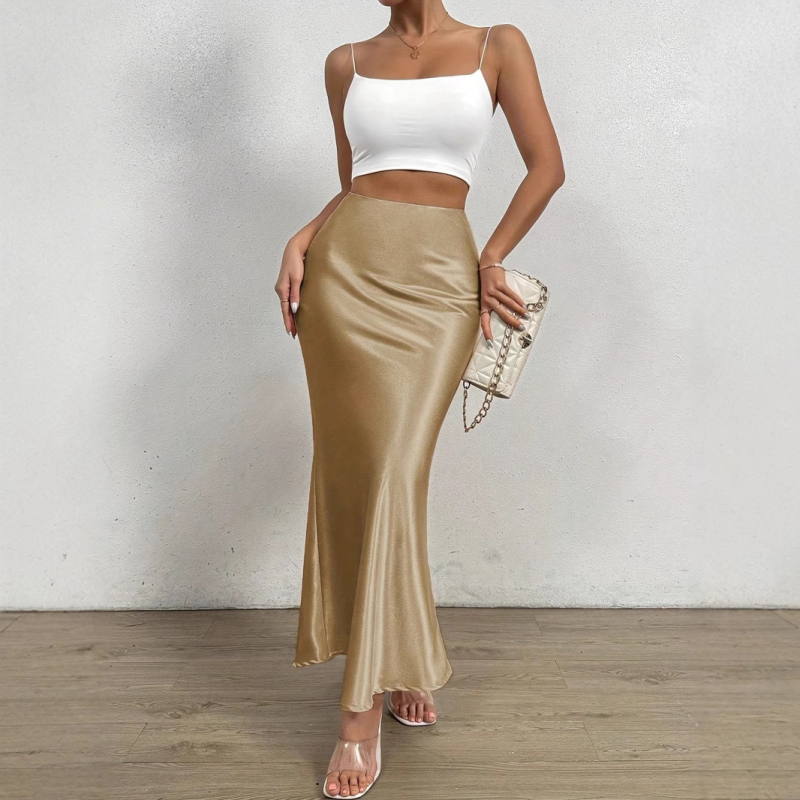 Ilga fishtail sijonas vienos spalvos su smocking, poliester 90–95% ir spandeks, mikroelastinis, elegantiškas stilius, pavasaris 2025