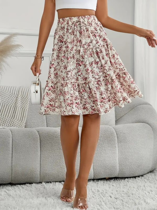 Moterų A linijos midi sijonas su gėlėtu spausdinimu ant poliesterio (95%+), vidutinio ilgio, 2025 m. vasara