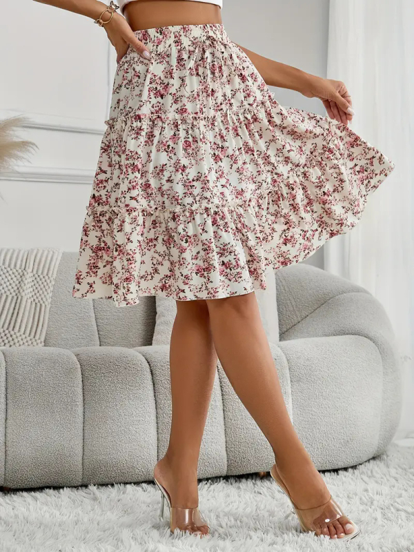 Moterų A linijos midi sijonas su gėlėtu spausdinimu ant poliesterio (95%+), vidutinio ilgio, 2025 m. vasara