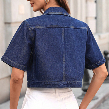 Дамско късо дънково яке с поло яка, свободен силует, деним плат с полиестер и спандекс