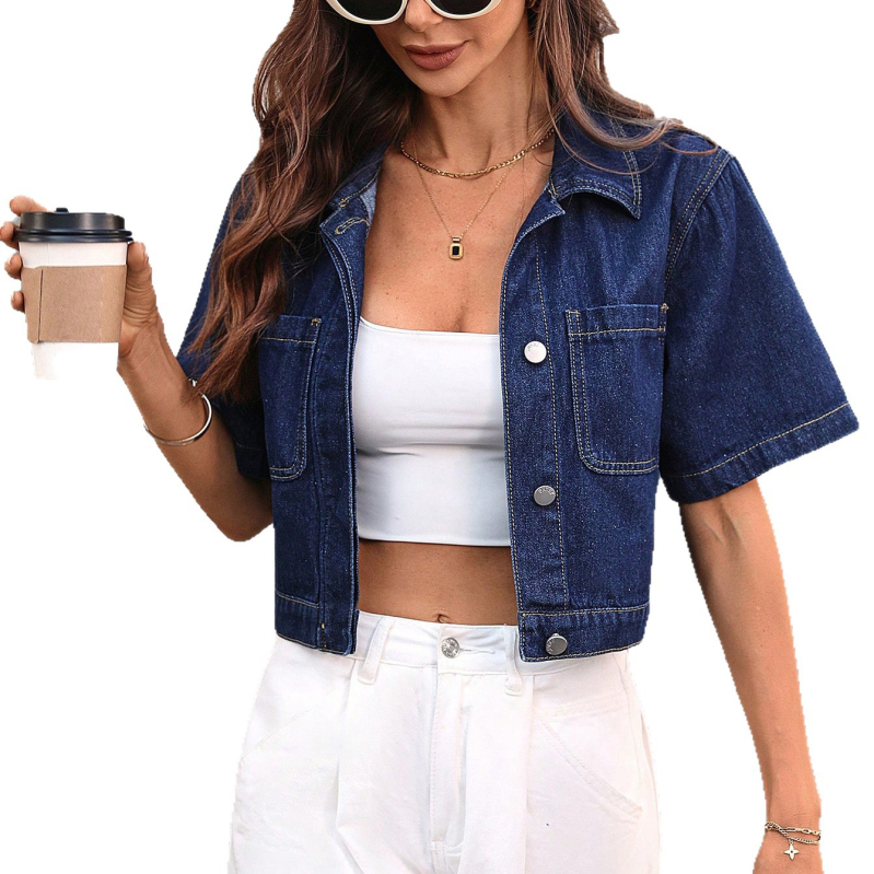 Дамско късо дънково яке с поло яка, свободен силует, деним плат с полиестер и спандекс