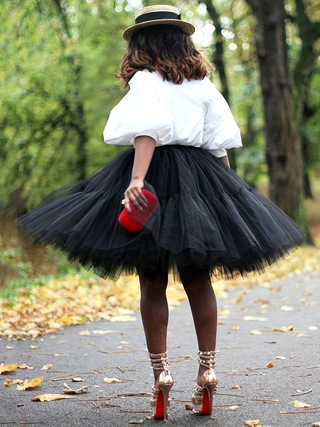 Pūsto sijonas su 5 sluoksnių tinklo, vidutinio ilgio, poliesteris, patchwork, japonų/Korejos kasdienis stilius