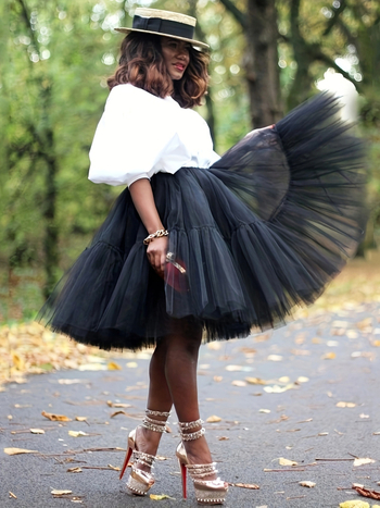 Pūsto sijonas su 5 sluoksnių tinklo, vidutinio ilgio, poliesteris, patchwork, japonų/Korejos kasdienis stilius