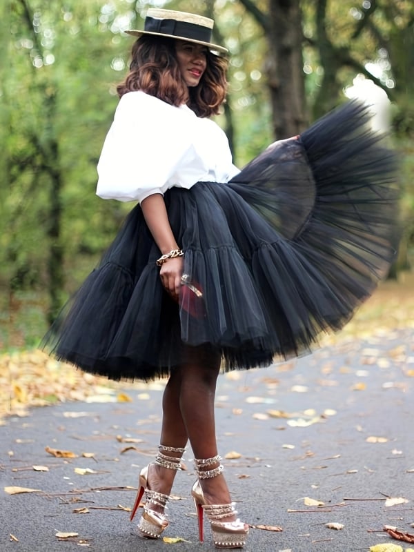 Pūsto sijonas su 5 sluoksnių tinklo, vidutinio ilgio, poliesteris, patchwork, japonų/Korejos kasdienis stilius