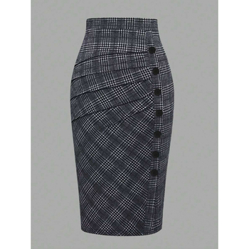 Ženske karirane plisirane hlače s jednim ukrasnim gumbom, elegantan retro stil; tkanina: pamuk; dužina: 9/10 nogavice; glavna tkanina: CVC; širok kroj; blaga rastezljivost