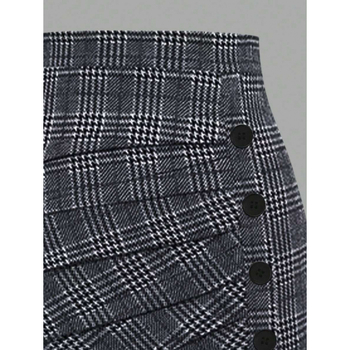 Ženske karirane plisirane hlače s jednim ukrasnim gumbom, elegantan retro stil; tkanina: pamuk; dužina: 9/10 nogavice; glavna tkanina: CVC; širok kroj; blaga rastezljivost