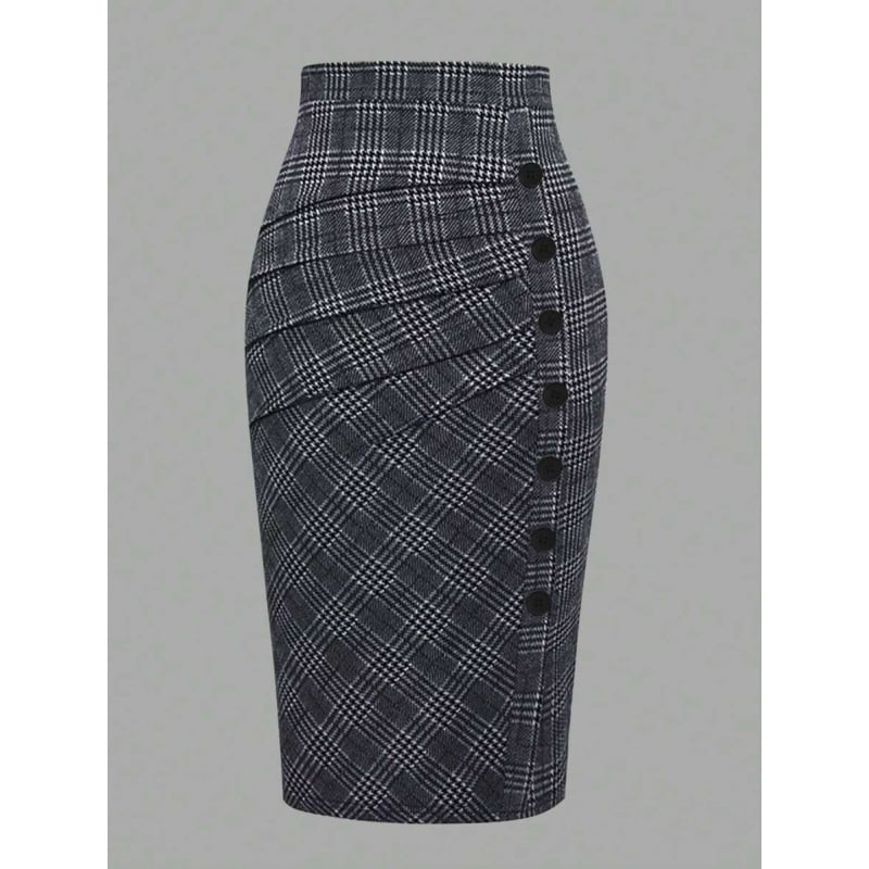 Ženske karirane plisirane hlače s jednim ukrasnim gumbom, elegantan retro stil; tkanina: pamuk; dužina: 9/10 nogavice; glavna tkanina: CVC; širok kroj; blaga rastezljivost