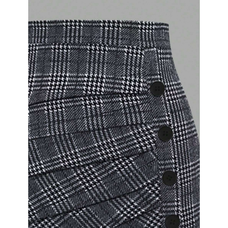 Ženske karirane plisirane hlače s jednim ukrasnim gumbom, elegantan retro stil; tkanina: pamuk; dužina: 9/10 nogavice; glavna tkanina: CVC; širok kroj; blaga rastezljivost
