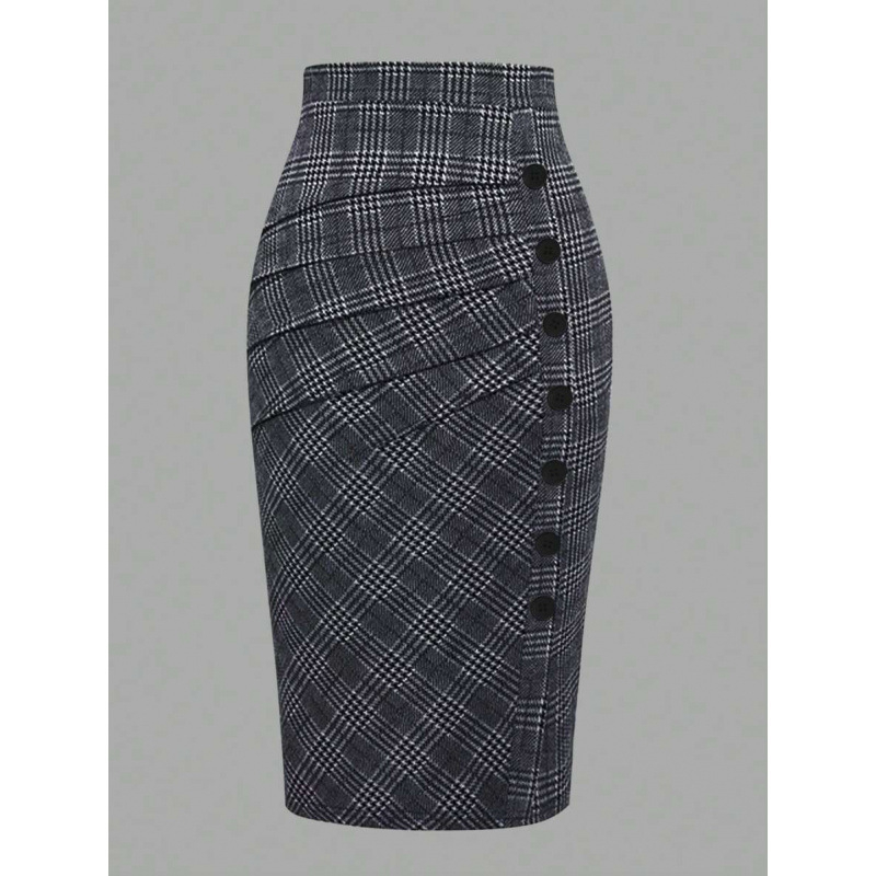 Ženske karirane plisirane hlače s jednim ukrasnim gumbom, elegantan retro stil; tkanina: pamuk; dužina: 9/10 nogavice; glavna tkanina: CVC; širok kroj; blaga rastezljivost