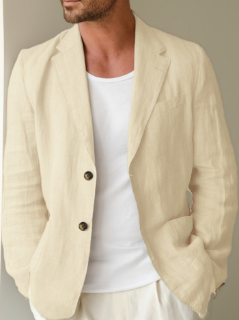 Lino mišinio švarkas, siauras siluetas, dviejų mygtukų priekyje, plokščia apykaklė, miesto stilius, vienos spalvos