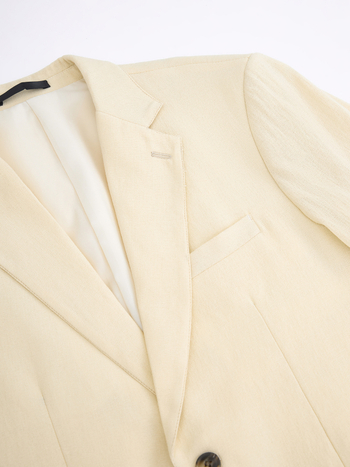 Lino mišinio švarkas, siauras siluetas, dviejų mygtukų priekyje, plokščia apykaklė, miesto stilius, vienos spalvos