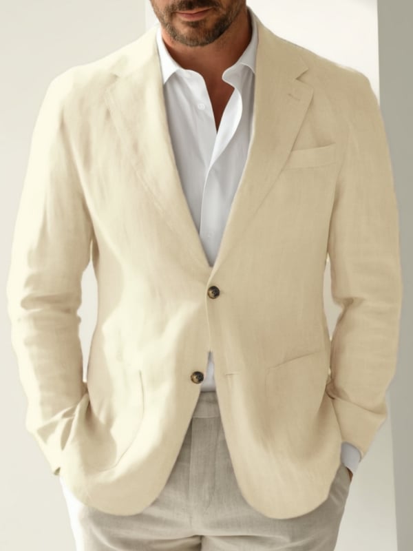 Lino mišinio švarkas, siauras siluetas, dviejų mygtukų priekyje, plokščia apykaklė, miesto stilius, vienos spalvos