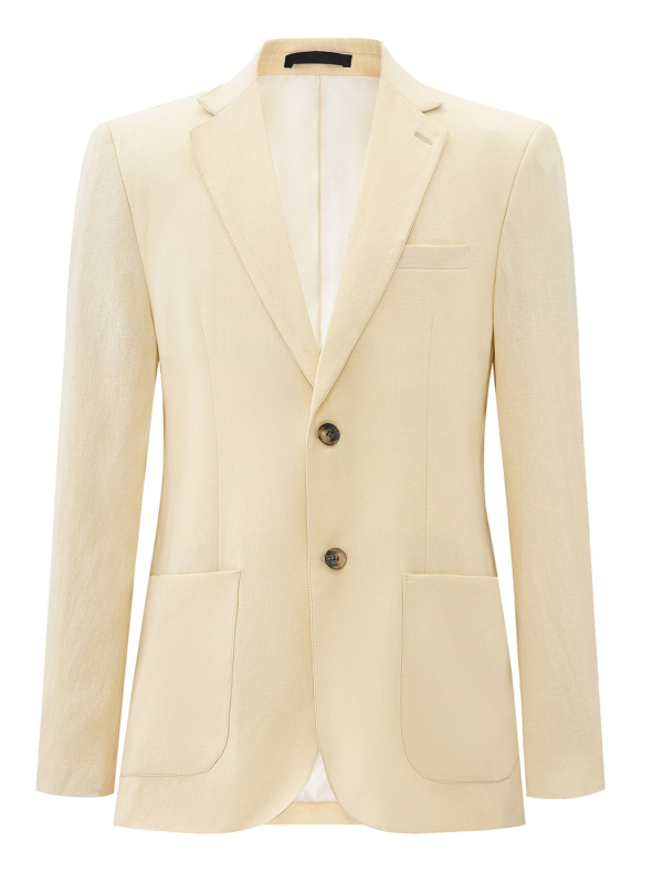 Lino mišinio švarkas, siauras siluetas, dviejų mygtukų priekyje, plokščia apykaklė, miesto stilius, vienos spalvos