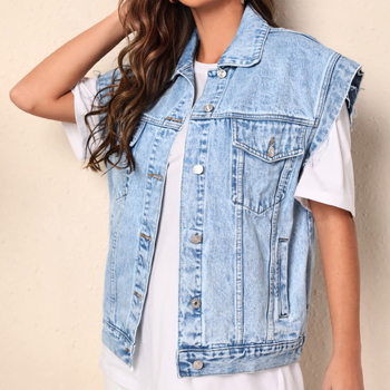 Džins vest s polo ovratnikom, uski kroj, dugačak kroj (80–100 cm), smjesa spandeksa