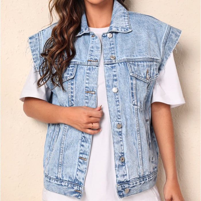Džins vest s polo ovratnikom, uski kroj, dugačak kroj (80–100 cm), smjesa spandeksa