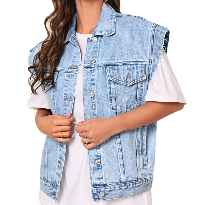 Džins vest s polo ovratnikom, uski kroj, dugačak kroj (80–100 cm), smjesa spandeksa