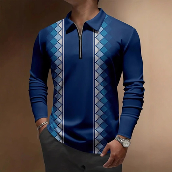 Pánske polo tričko s dlhým rukávom, voľný strih, priedušný sieťovaný materiál, detail so zipsom a 3D geometrická potlač