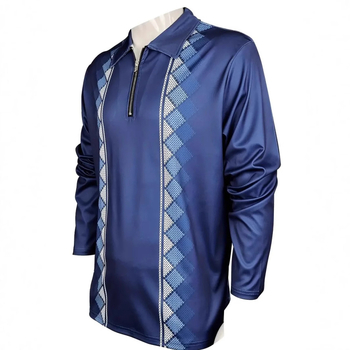 Pánske polo tričko s dlhým rukávom, voľný strih, priedušný sieťovaný materiál, detail so zipsom a 3D geometrická potlač