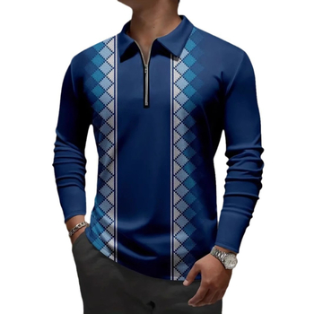 Pánske polo tričko s dlhým rukávom, voľný strih, priedušný sieťovaný materiál, detail so zipsom a 3D geometrická potlač