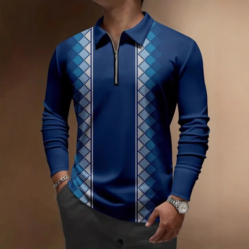 Pánske polo tričko s dlhým rukávom, voľný strih, priedušný sieťovaný materiál, detail so zipsom a 3D geometrická potlač