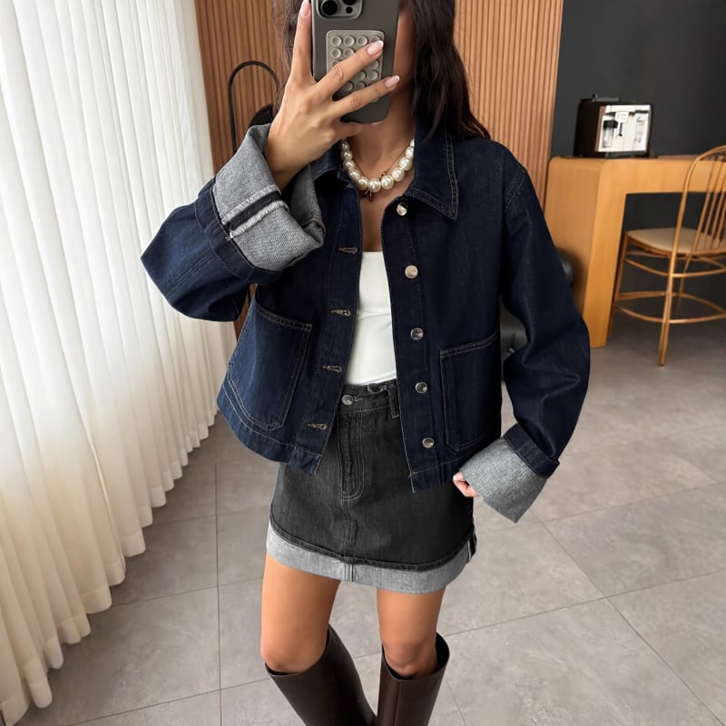 Дамско дънково яке, памук 80–89%, дълги ръкави, обърната яка, регулярна кройка, модел TSX-11195