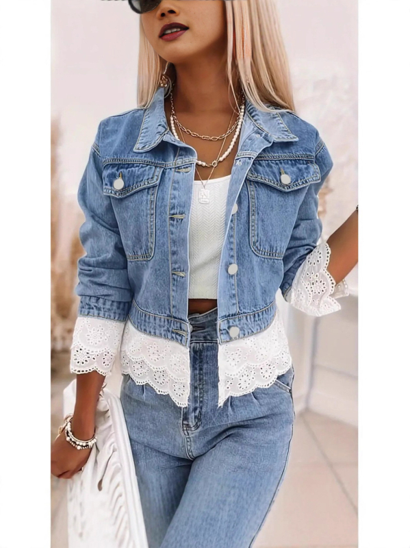 Dámska rifľová košeľa s čipkou a patchworkom, dlhé rukávy, V-výstrih, úzky strih, bežná dĺžka (50-70% bavlna, 30-50% polyester)