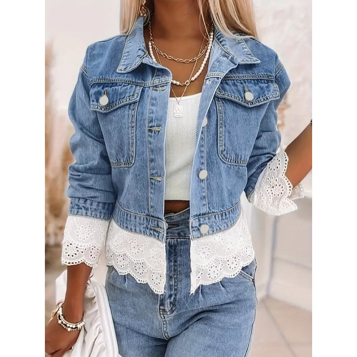 Деним риза с дантела и патчворк, дълъг ръкав, V-образно деколте, дамска Slim Fit, нормална дължина (50-70% памук, 30-50% полиестер)