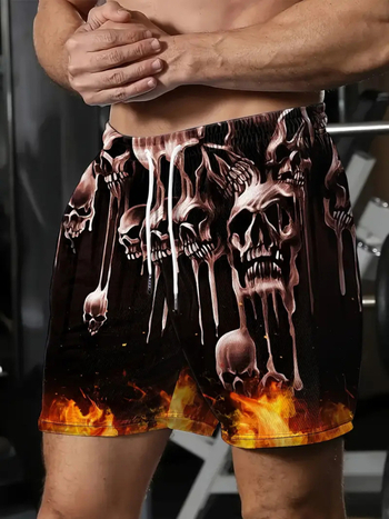 Plážové šortky s 3D potlačou plameňovej lebky, sieťovina, 50% polyester, digitálna tlač, leto, bežné nosenie