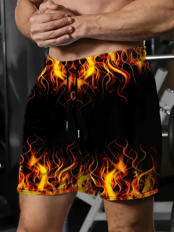 Plážové šortky s 3D potlačou plameňovej lebky, sieťovina, 50% polyester, digitálna tlač, leto, bežné nosenie