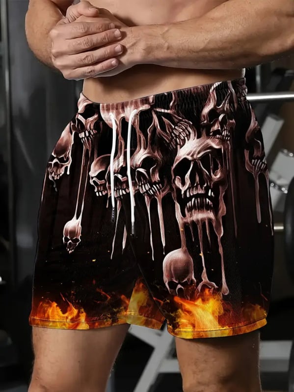 Plážové šortky s 3D potlačou plameňovej lebky, sieťovina, 50% polyester, digitálna tlač, leto, bežné nosenie