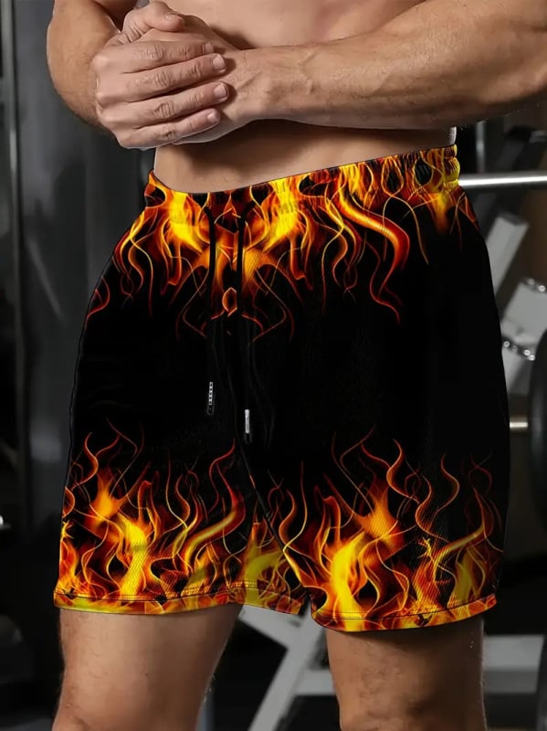 Plážové šortky s 3D potlačou plameňovej lebky, sieťovina, 50% polyester, digitálna tlač, leto, bežné nosenie