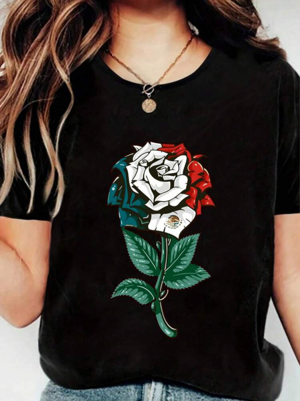 Indonesian Mexican Rose βαμβακερή T‑shirt με γραφική εκτύπωση, στρογγυλή λαιμόκοψη, κοντά μανίκια, χαλαρή γραμμή (φθινόπωρο 2024)