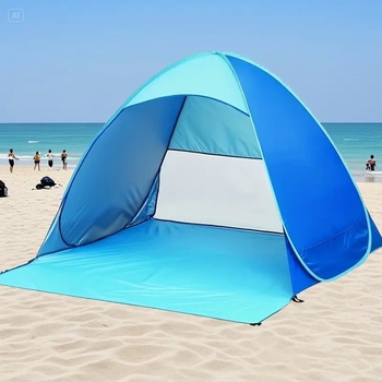 Automatinė greito atidarymo paplūdimio palapinė kempingui, vieno sluoksnio konstrukcija, 190T audinys, svoris 800 g, stiklo pluošto strypai, išorinis vandeniui atsparus 1000–1500 mm