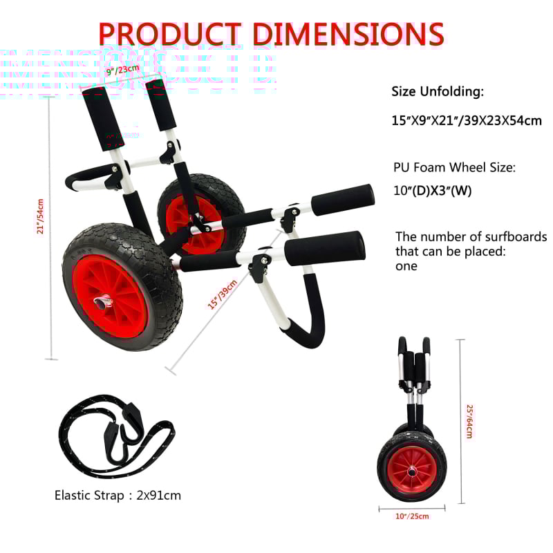 Sulankstomas SUP laivo vežimėlis – aliuminio lydinio rėmas, nerūdijančio plieno varžtai, putų buferis, atsparios važiuoklės padangos pliažui, kalnams ir nelygiems reljefams